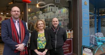 image of Adam Keen, Jeanette Walsh and Justin Hundley-Applton of Poole BID outside the truly scrumptious store