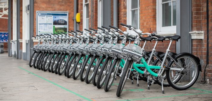 image of Beryl bikes outside Bournemouth train station